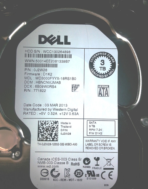 dell J2W28 3TB 7.2k rpm sata 3.5in internal hard drive