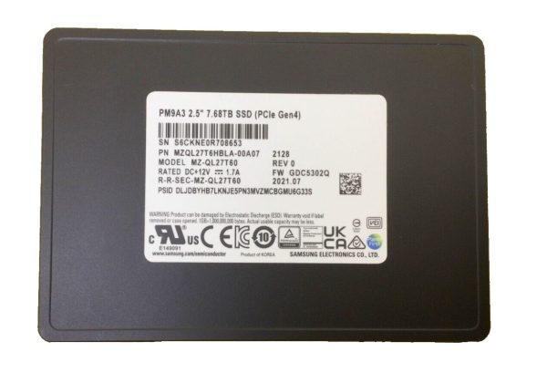 Samsung MZ-QL27T60 PM9A3 7.68Tb U.2 Gen4 x4/dual port x2 NVMe 2.5 Inch Datacenter SSD