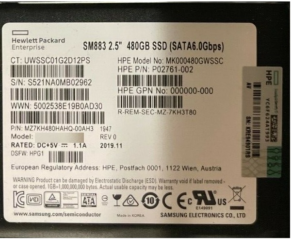 Samsung SM883 MZ7KH480HAHQ-00AH3 - SSD - 480 GB - SATA 6Gb/s - HPE OEM Refurbished