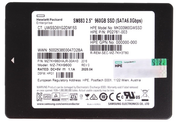 Samsung SM883 MZ7KH960HAJR-00AH3 - SSD - 960 GB - SATA 6Gb/s - HPE OEM Refurbished