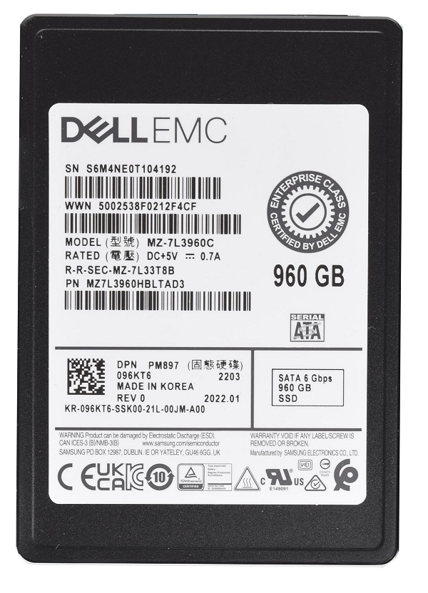 Samsung PM897 MZ7L3960HBLTAD3 SSD - 960 GB - SATA 6Gb/s - DELL OEM Brand New