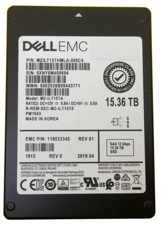 Samsung PM1643 MZILT15THMLA-000C4 - SSD - 15.36 TB - SAS 12Gb/s - EMC OEM Refurbished