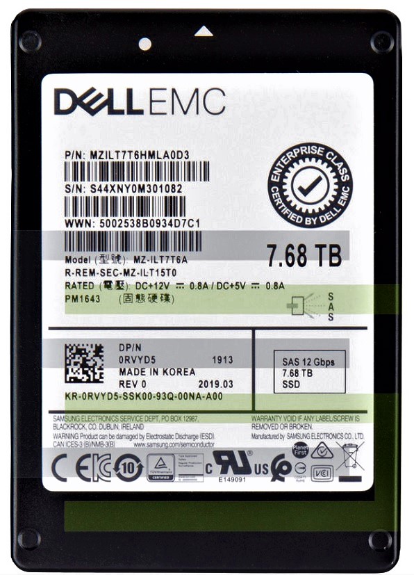 Samsung PM1643 MZILT7T6HMLA0D3 - SSD - 7.68 TB - SAS 12Gb/s - Dell OEM Refurbished