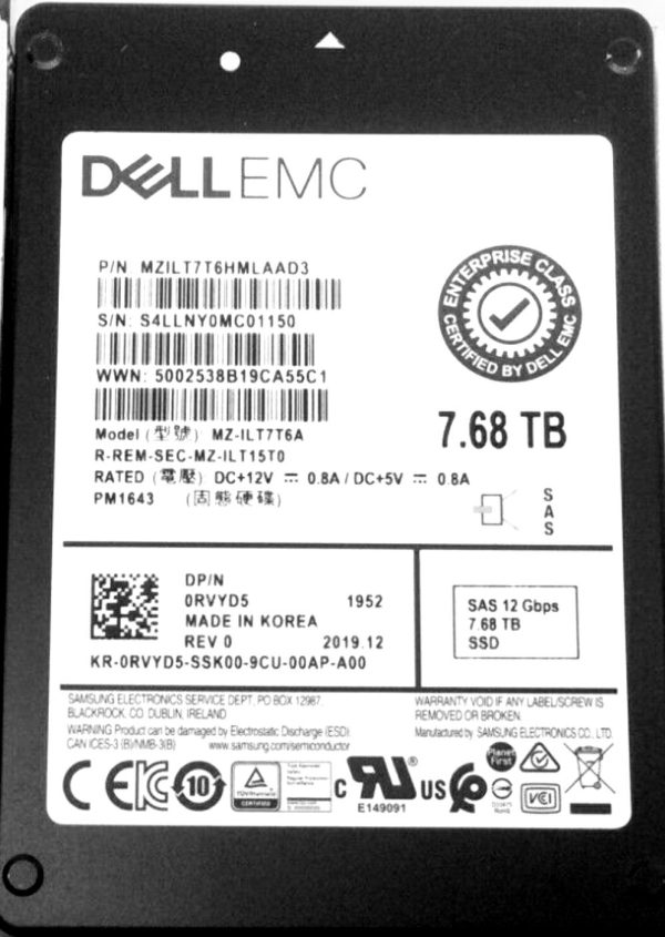 Samsung PM1643 MZILT7T6HMLAAD3 - SSD - 7.68 TB - SAS 12Gb/s - Dell OEM Refurbished