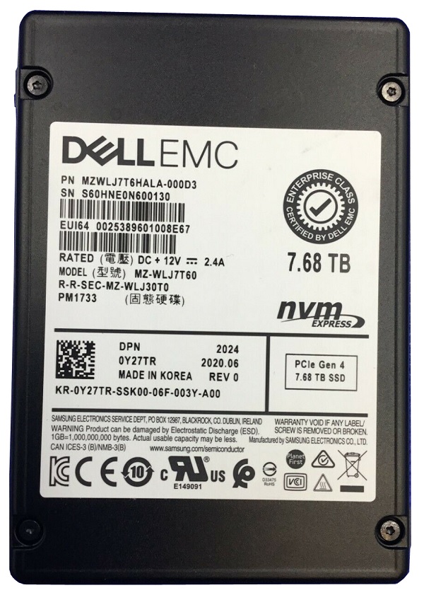 Samsung PM1733 MZWLJ7T6HALA-000D3 - SSD - 7.68 TB - PCIe 4.0 x4 (NVMe) - DELL OEM Refurbished