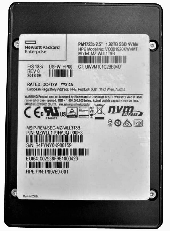 Samsung PM1723b MZWLL1T9HAJQ-000H3 - SSD - 1.92 TB - PCIe 3.0 X4 (NVMe) - HPE OEM Refurbished