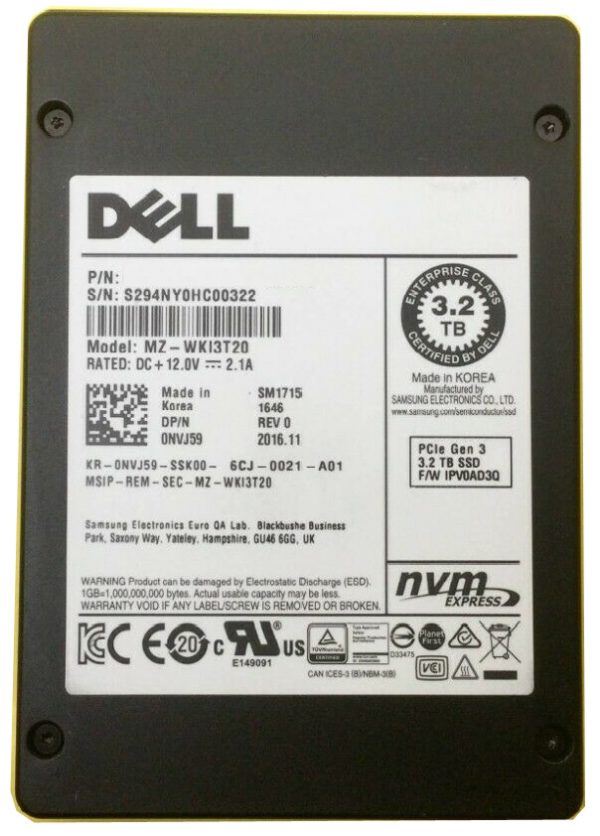 DELL NVJ59 3.2tb wi PCIe Gen3x4 NVME U.2 2.5inch Solid State Drive