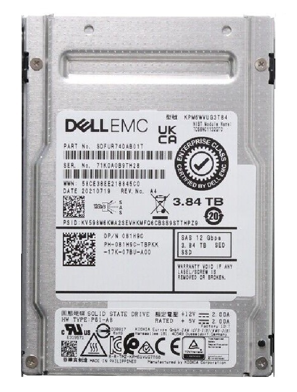 Kioxia SDFUR74DAB01T 3.84 TB PM6 Solid State Drive - 2.5" Internal - SAS 12Gb/s - DELL OEM Refurbished